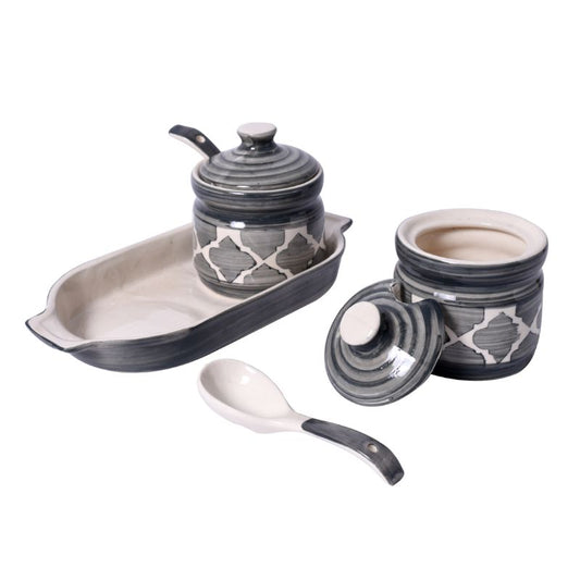 ceramic handpainted jar storage organizer for pickle,masala with spoons & tray(Set of 2)