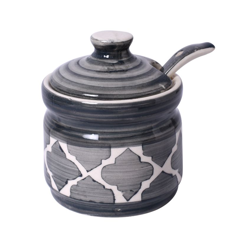 ceramic handpainted jar storage organizer for pickle,masala with spoons & tray(Set of 2)