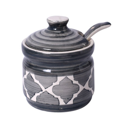 ceramic handpainted jar storage organizer for pickle,masala with spoons & tray(Set of 2)