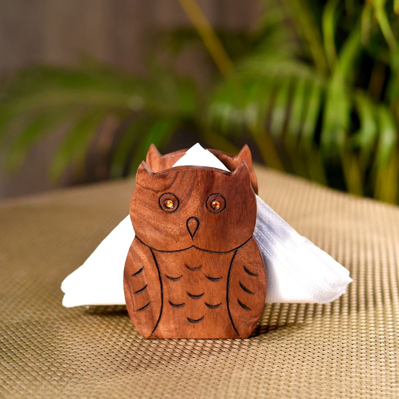 wooden handcrafted brown owl shape tissue holder