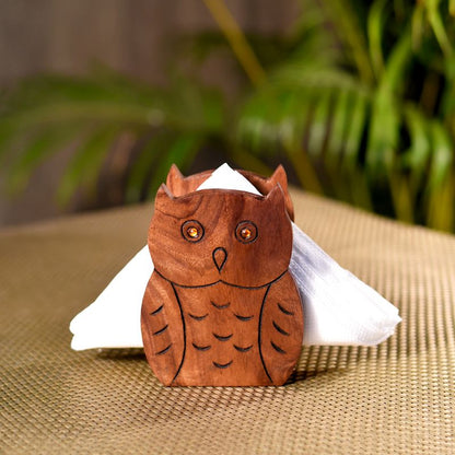 wooden handcrafted brown owl shape tissue holder