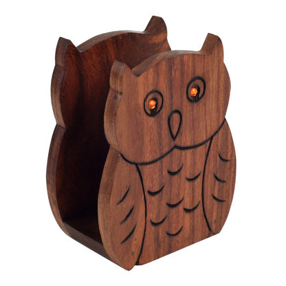 wooden handcrafted brown owl shape tissue holder