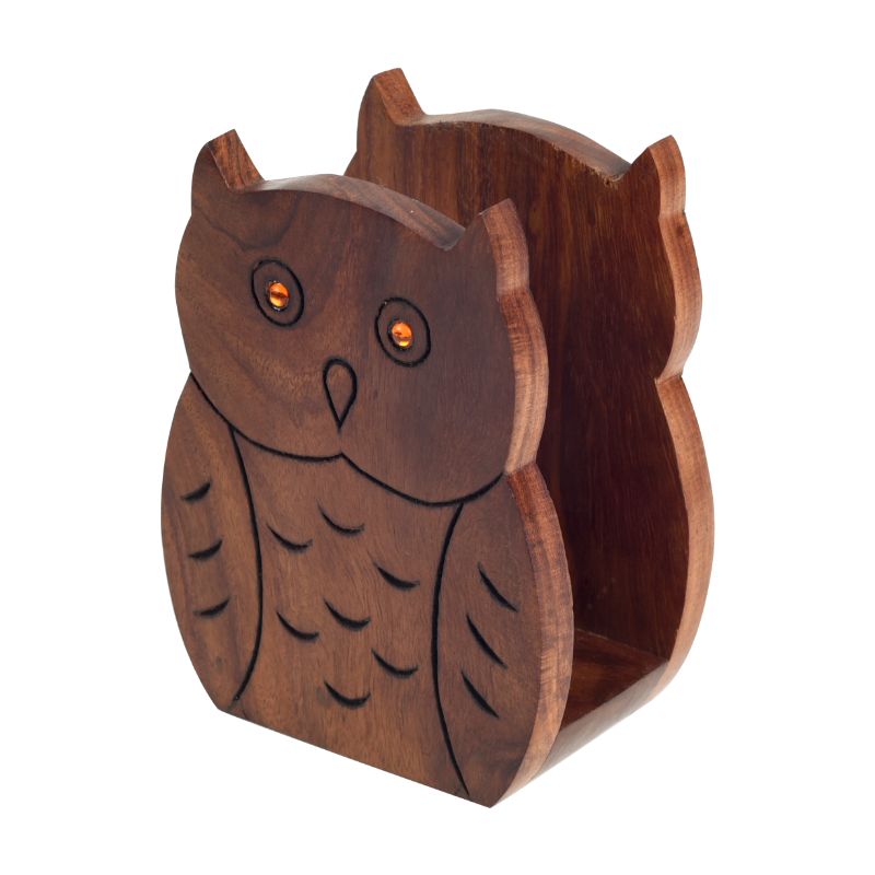 wooden handcrafted brown owl shape tissue holder