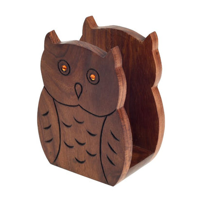 wooden handcrafted brown owl shape tissue holder