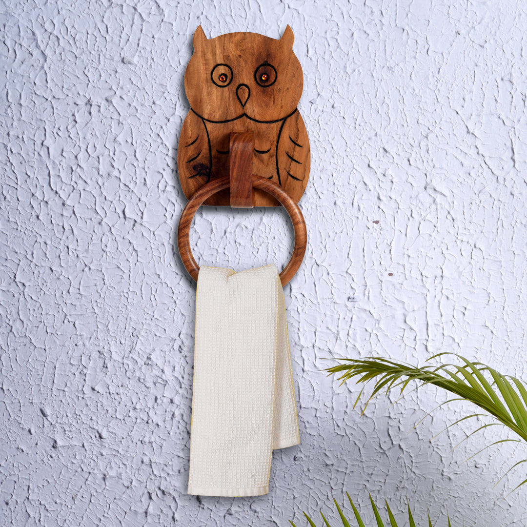 wooden handcrafted brown owl shape towel holder