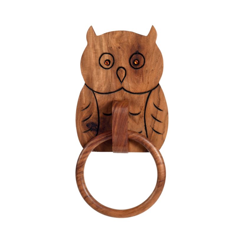 wooden handcrafted brown owl shape towel holder