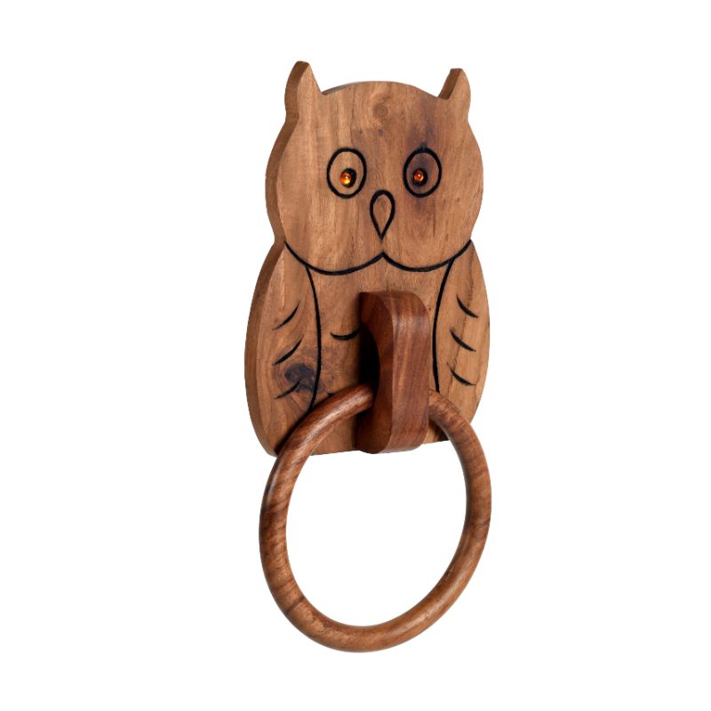 wooden handcrafted brown owl shape towel holder