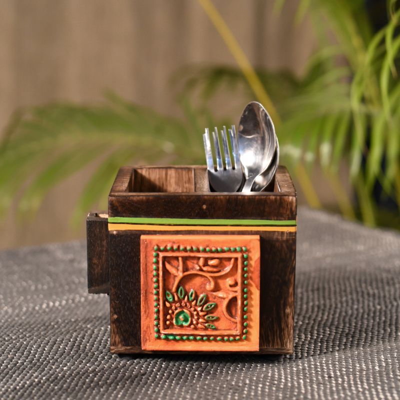 Cutlery Holder in Mango Wood (2 Partitions) - Cutlery Stand for Kitchen Dining Table Wooden Cutlery Spoon Stand Napkin Tissue Holder Kitchen Organiser Tableware