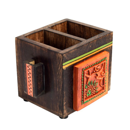 Cutlery Holder in Mango Wood (2 Partitions) - Cutlery Stand for Kitchen Dining Table Wooden Cutlery Spoon Stand Napkin Tissue Holder Kitchen Organiser Tableware