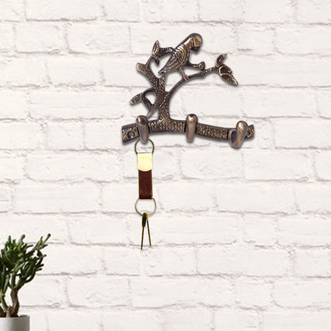 parrot motif wall hanging brass key holder with 3 hooks