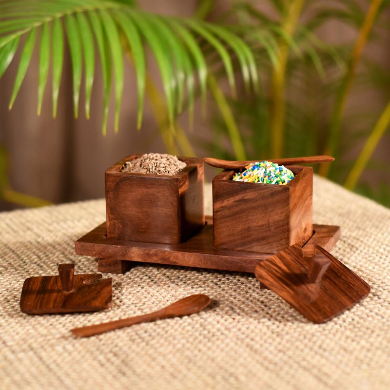 handcarved brown refreshment jar set with wooden spoon & tray