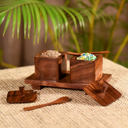 handcarved brown refreshment jar set with wooden spoon & tray
