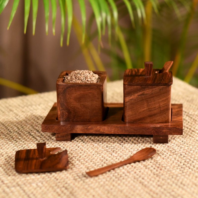 handcarved brown refreshment jar set with wooden spoon & tray