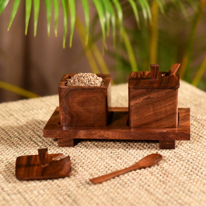handcarved brown refreshment jar set with wooden spoon & tray