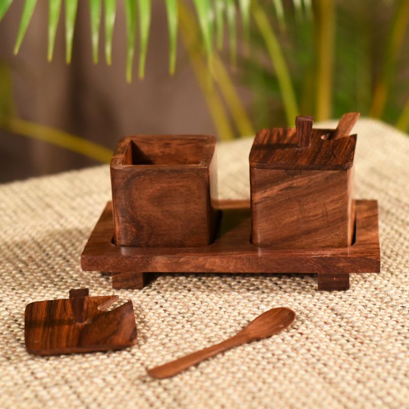 handcarved brown refreshment jar set with wooden spoon & tray