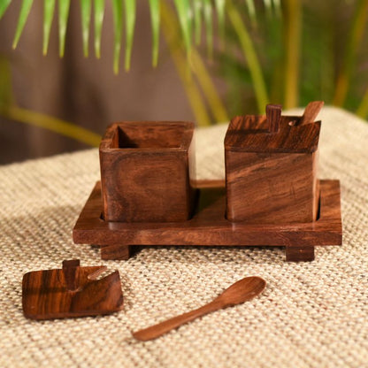 handcarved brown refreshment jar set with wooden spoon & tray