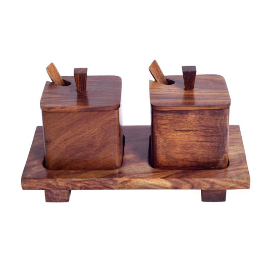 handcarved brown refreshment jar set with wooden spoon & tray