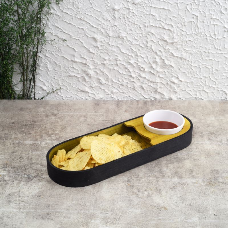 handmade bamboo serving platter with serving bowl(Olive Green & Black)