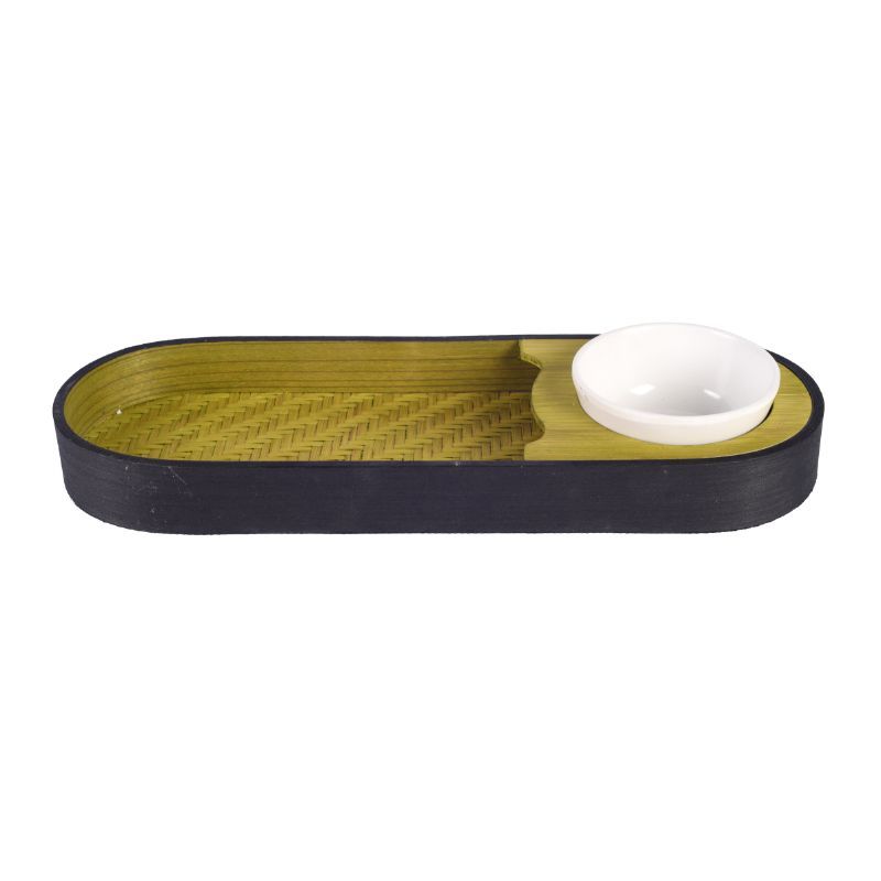 handmade bamboo serving platter with serving bowl(Olive Green & Black)