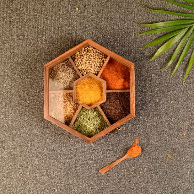 sheesham wood hexagonal masala dani with wooden spoon for storing spices(Brown)