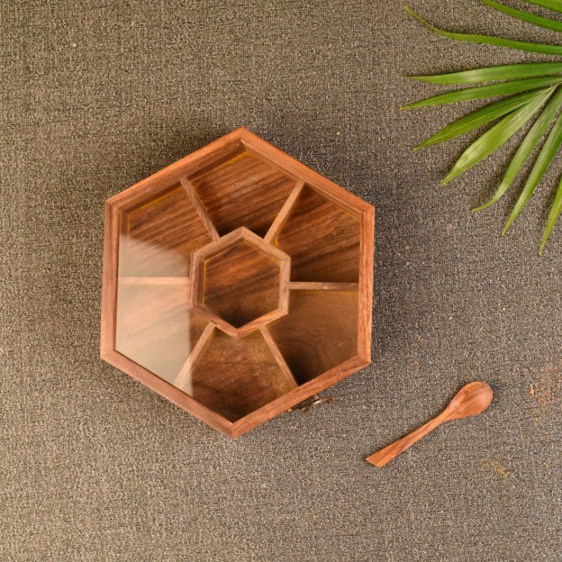 sheesham wood hexagonal masala dani with wooden spoon for storing spices(Brown)