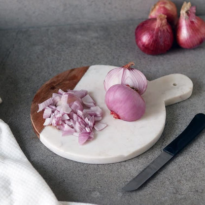 'White Circular' Chopping Board for Kitchen Fused with Mango Wood & Marble