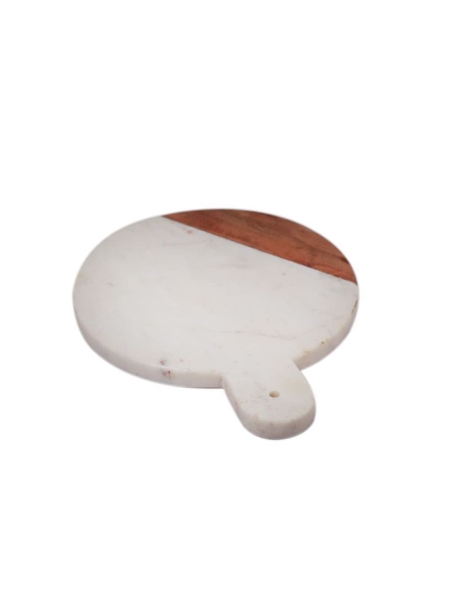 'White Circular' Chopping Board for Kitchen Fused with Mango Wood & Marble