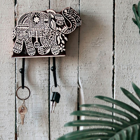 "Elephant Motif" hand carved wooden block key holder in Mango Wood