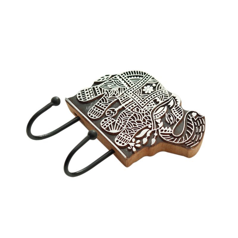 "Elephant Motif" hand carved wooden block key holder in Mango Wood