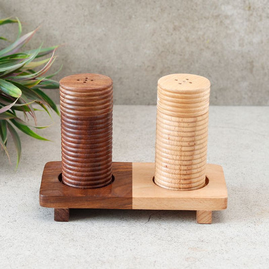 "Ripple Wood" handcrafted salt & pepper shaker with "Wood Fusion" base tray in Mango & Sheesham Wood(2 Shaker, 1 Tray)