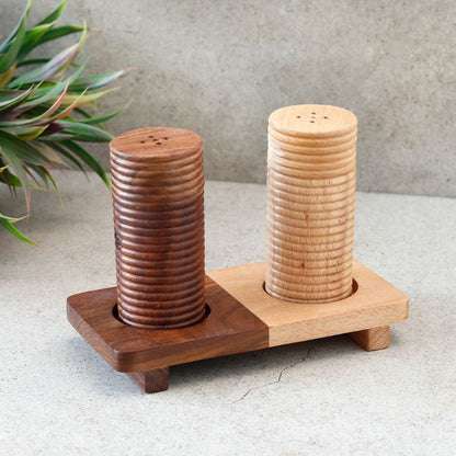 "Ripple Wood" handcrafted salt & pepper shaker with "Wood Fusion" base tray in Mango & Sheesham Wood(2 Shaker, 1 Tray)