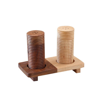 "Ripple Wood" handcrafted salt & pepper shaker with "Wood Fusion" base tray in Mango & Sheesham Wood(2 Shaker, 1 Tray)