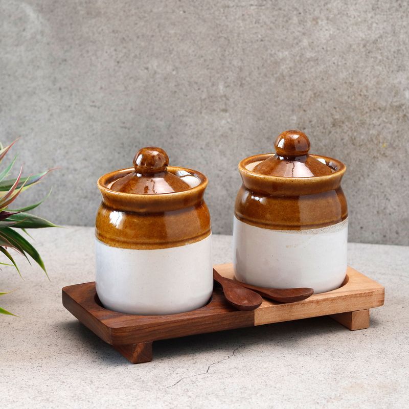 "Old Fashioned Chutney & Pickel" ceramic Martaban Jar set with "Wood Fusion" base tray in Mango & Sheesham Wood