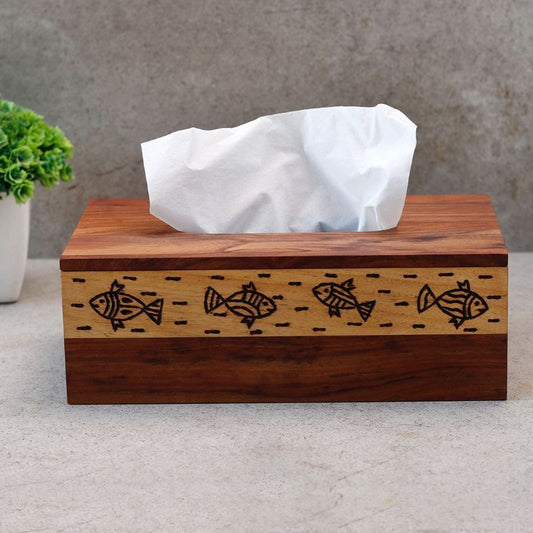 "Wood Fusion Fish Motif" tissue holder in Sheesham wood