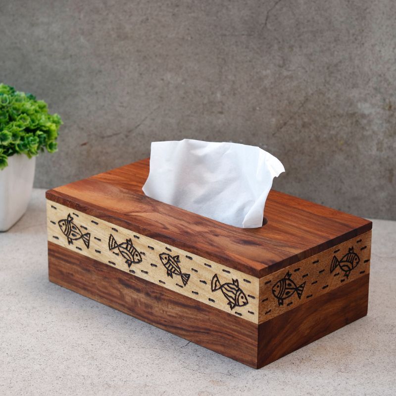 "Wood Fusion Fish Motif" tissue holder in Sheesham wood