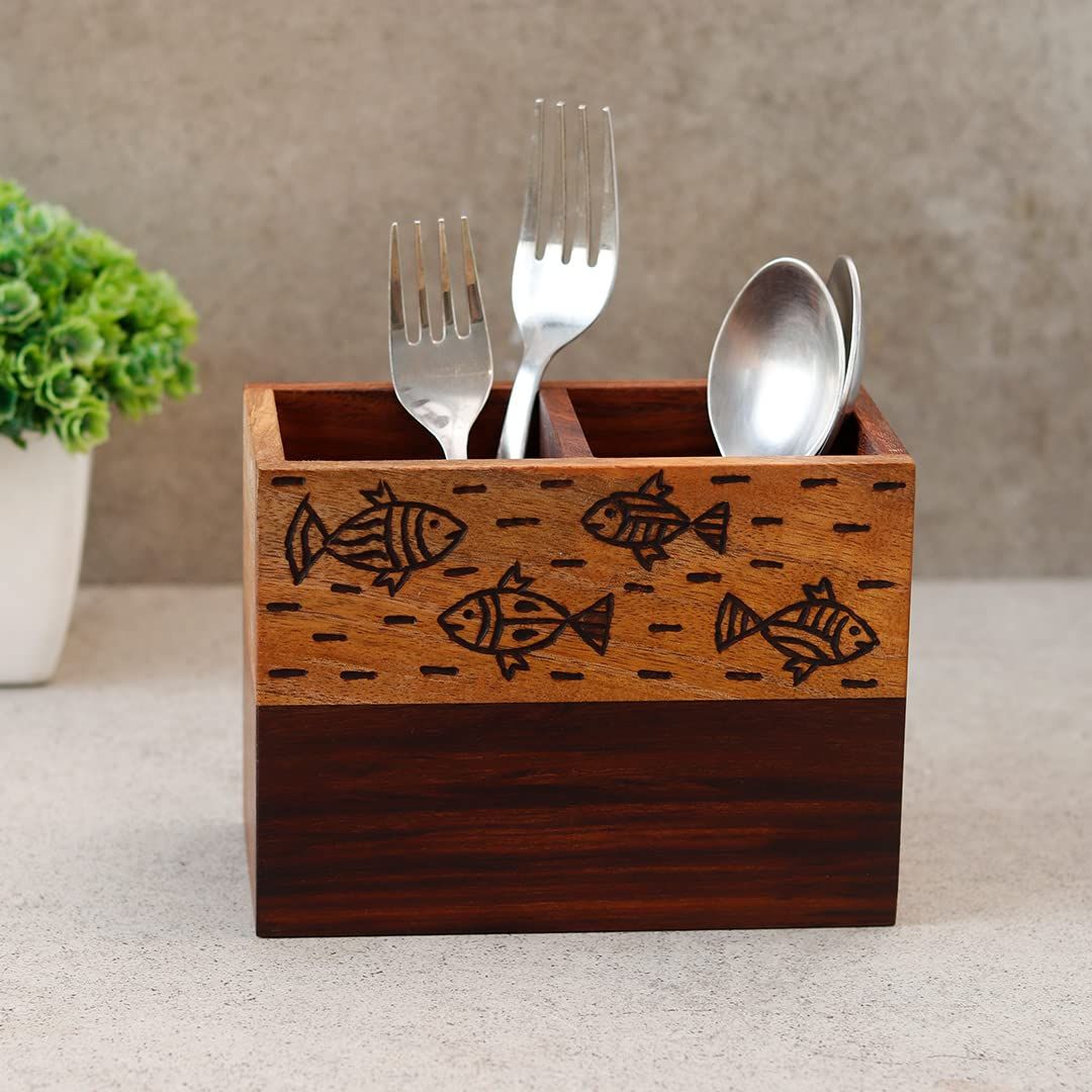 "Wood Fusion Fish Motif" cuttlery holder in Sheesham wood