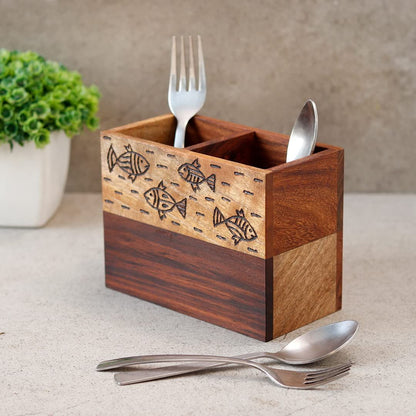 "Wood Fusion Fish Motif" cuttlery holder in Sheesham wood