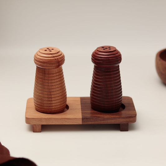 "Ripple Wood" handcrafted salt & pepper shaker with wooden stand