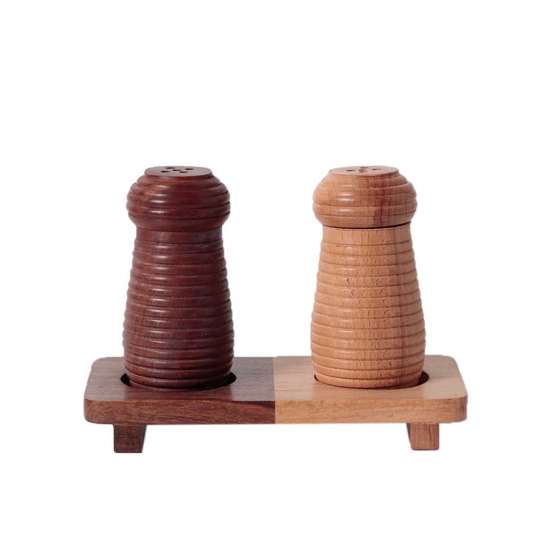 "Ripple Wood" handcrafted salt & pepper shaker with wooden stand