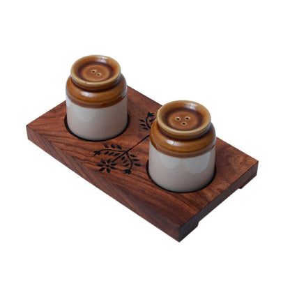 "Royal Garnishers" ceramic Salt & Pepper shaker with sheesham wood base tray