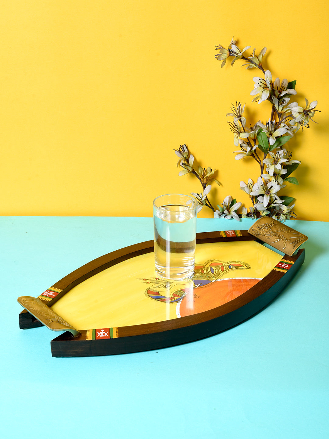 Wooden base with brass handle madhubani art tray