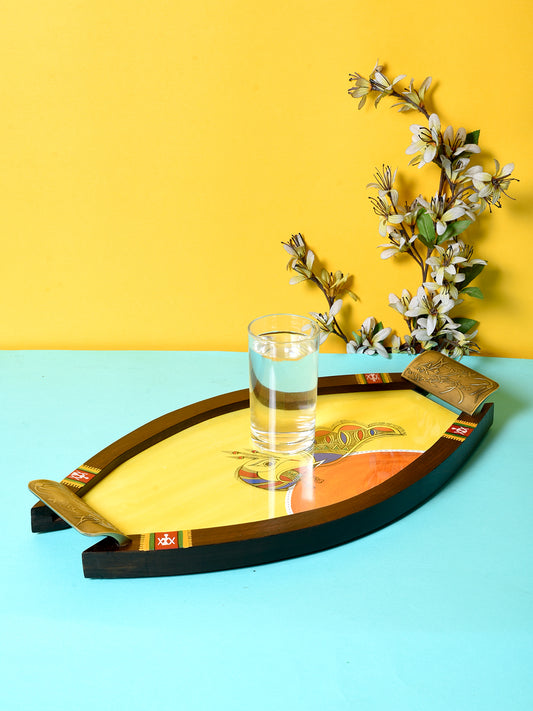 Wooden base with brass handle madhubani art tray