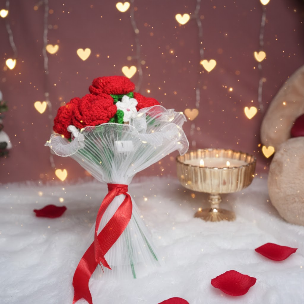 Radiant Red Rose Bloom – Handcrafted Crochet with LED Glow | ArteCasa