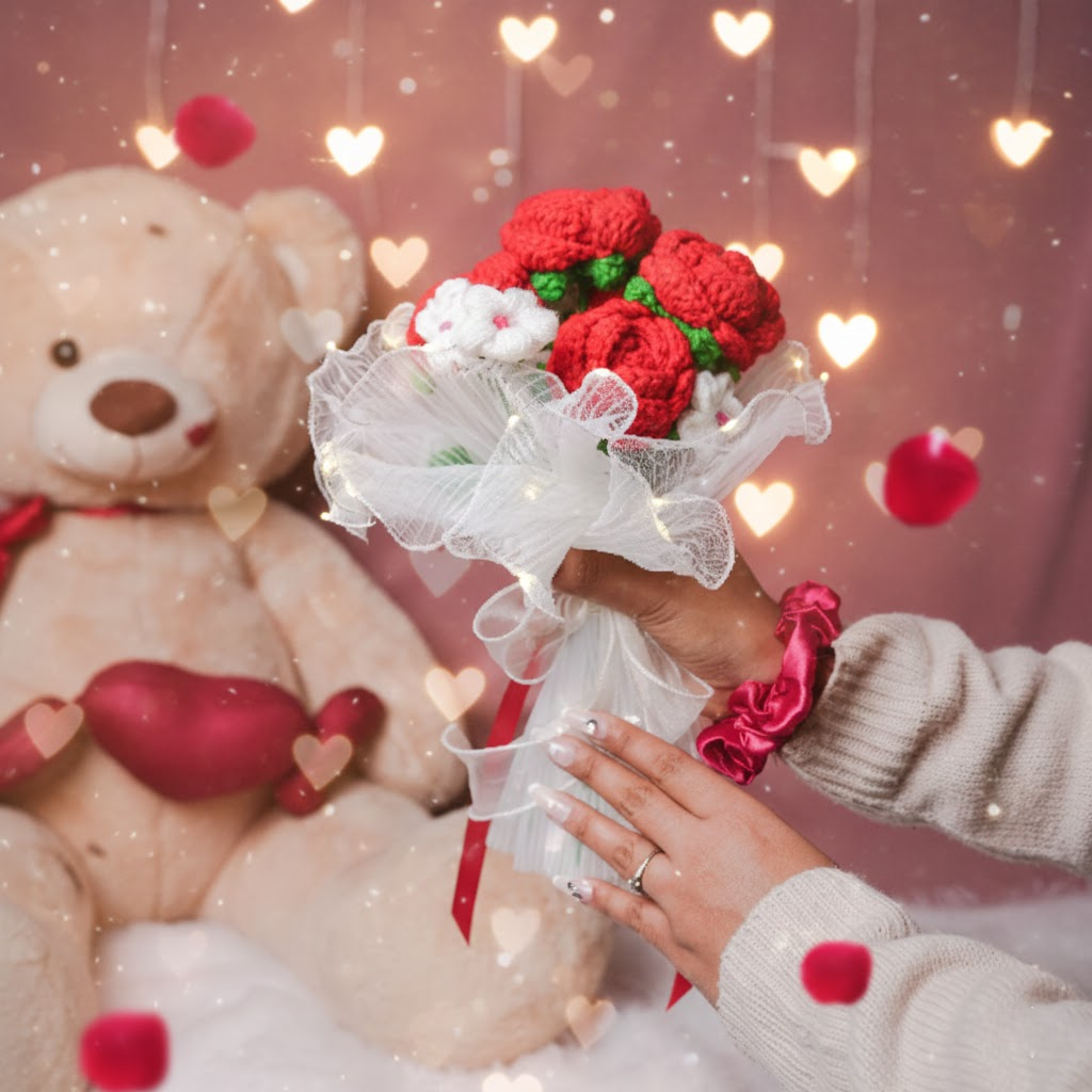 Radiant Red Rose Bloom – Handcrafted Crochet with LED Glow | ArteCasa