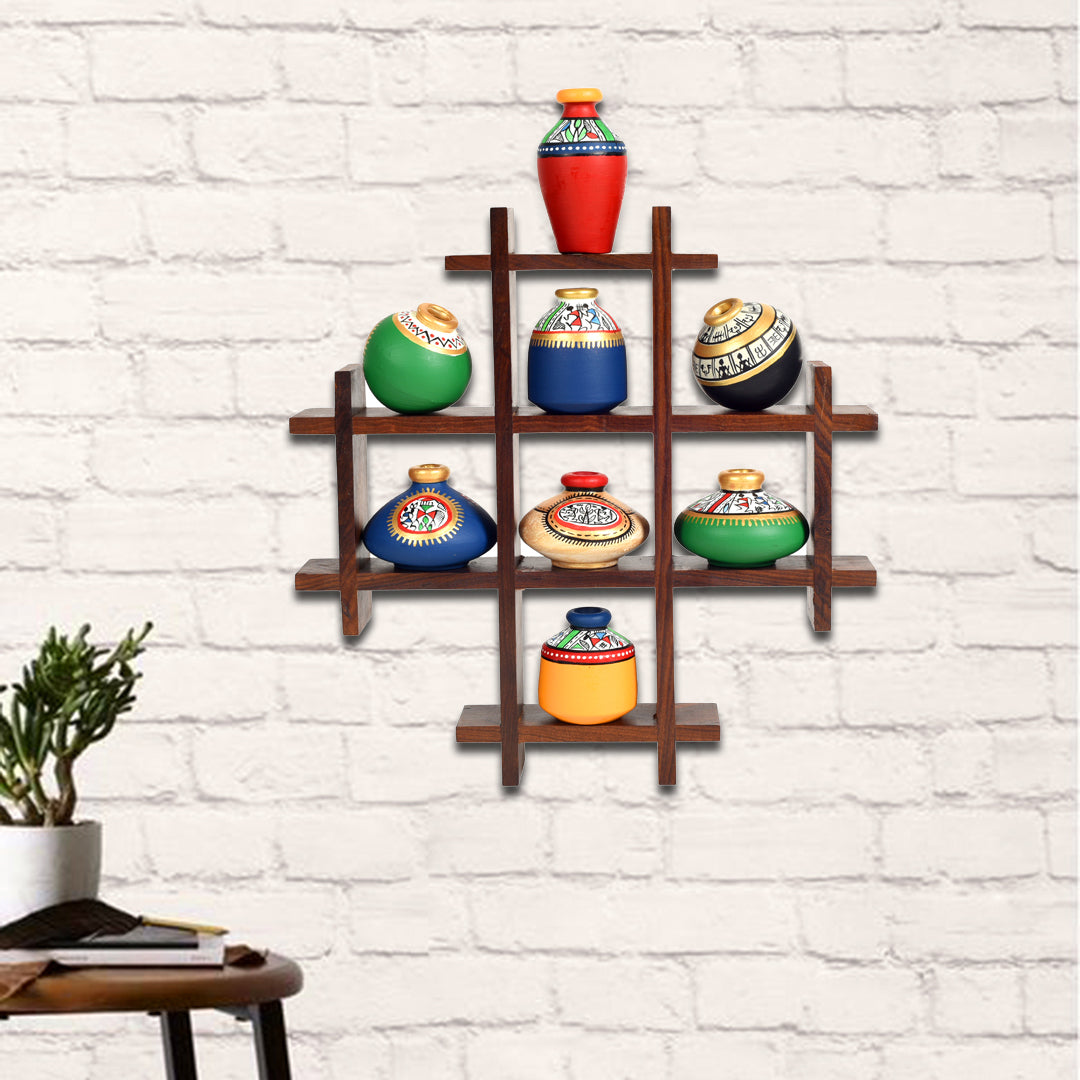 8 Terracotta Warli Handpainted Pots With Sheesham Wooden Frame