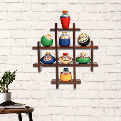 8 Terracotta Warli Handpainted Pots With Sheesham Wooden Frame
