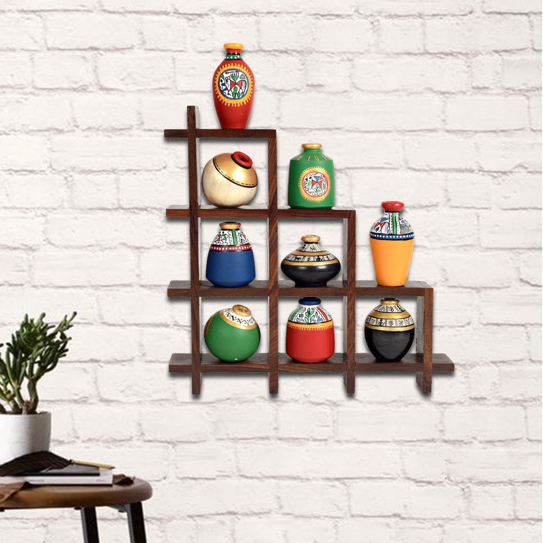 9 Warli painted pots with Sheesham Wooden Frame