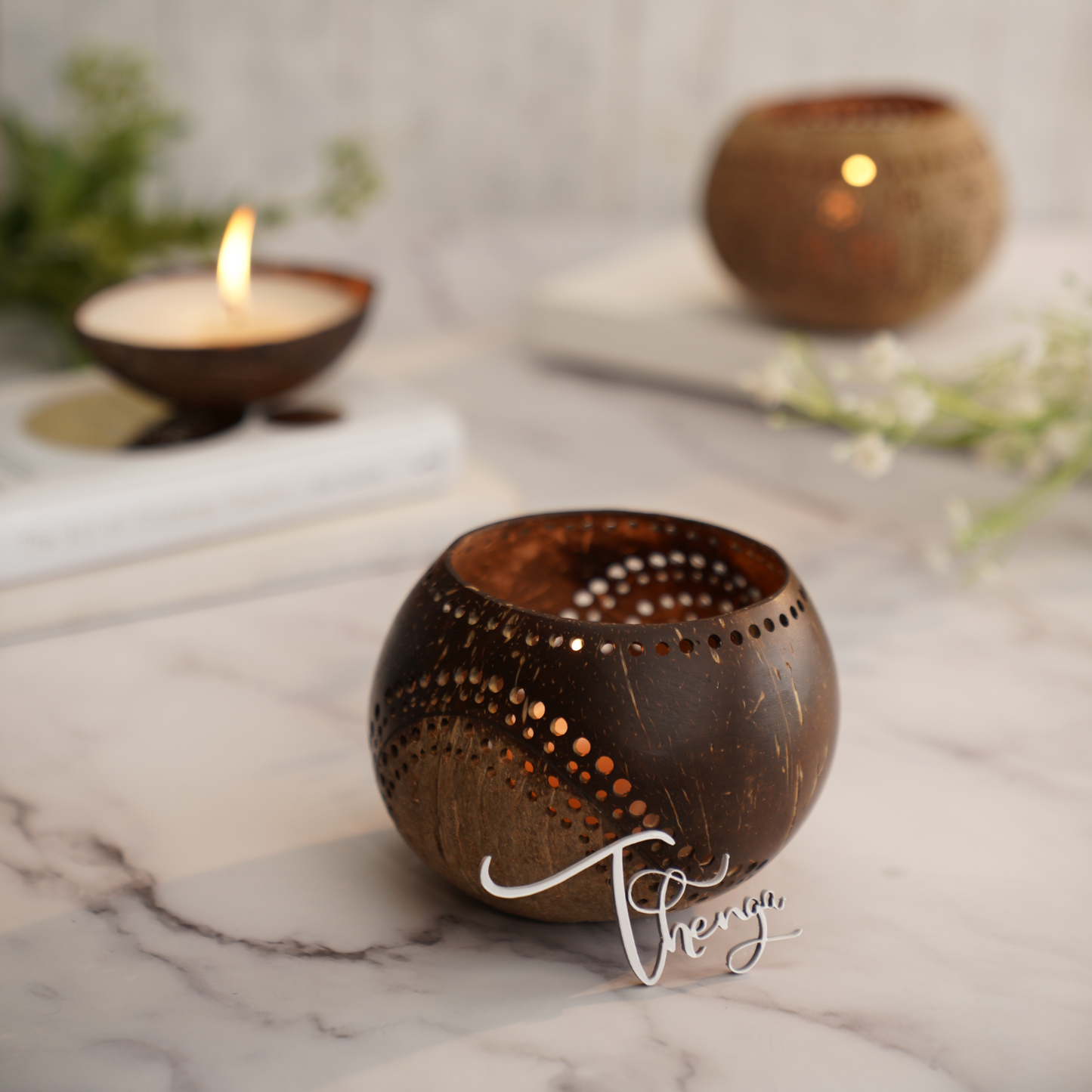 Thenga Jumbo Hand Carved Coconut Shell Candle Holder