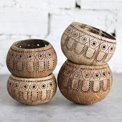 Thenga Hand Carved Coconut shell Candle Holder - Eco-Friendly Diwali Gifts (Tropical)