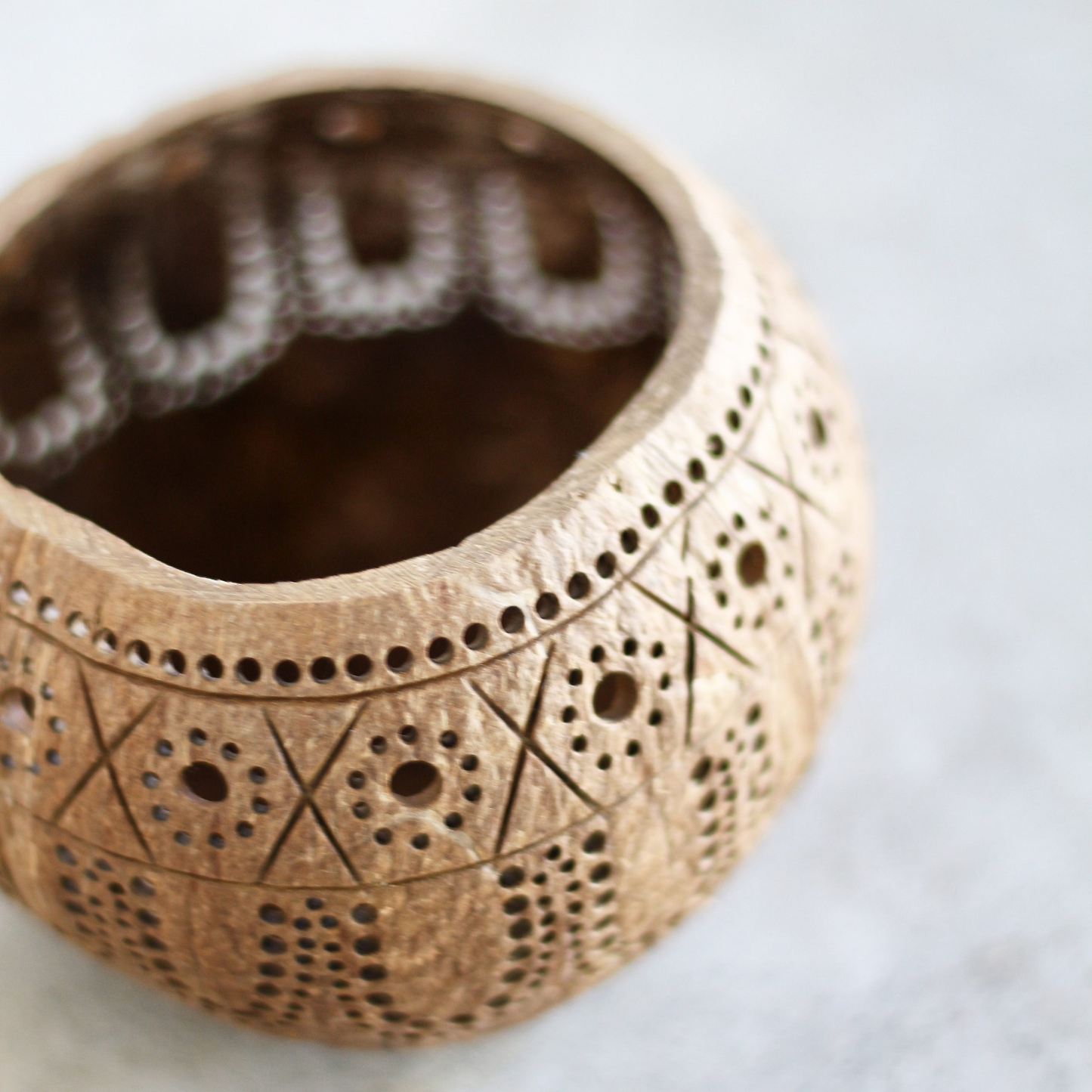 Thenga Hand Carved Coconut shell Candle Holder - Eco-Friendly Diwali Gifts (Tropical)